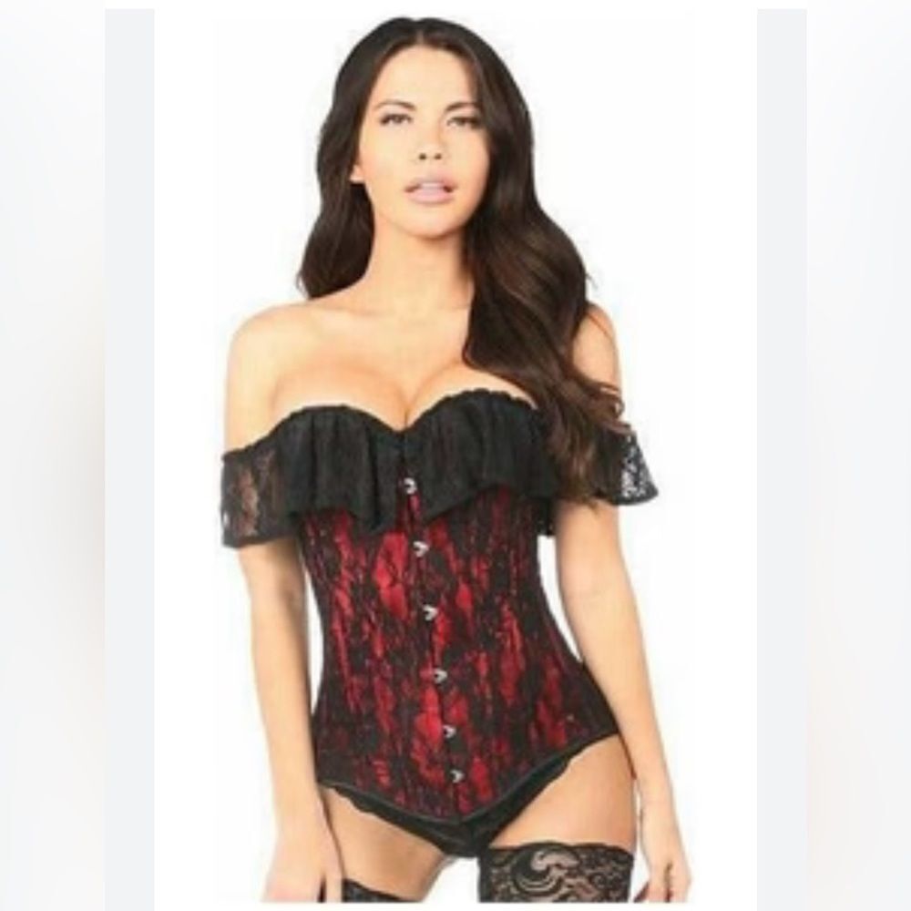 NEW Lavish By Daisy Corsets Red Black Lace Floral Off The Shoulder Corset Size L